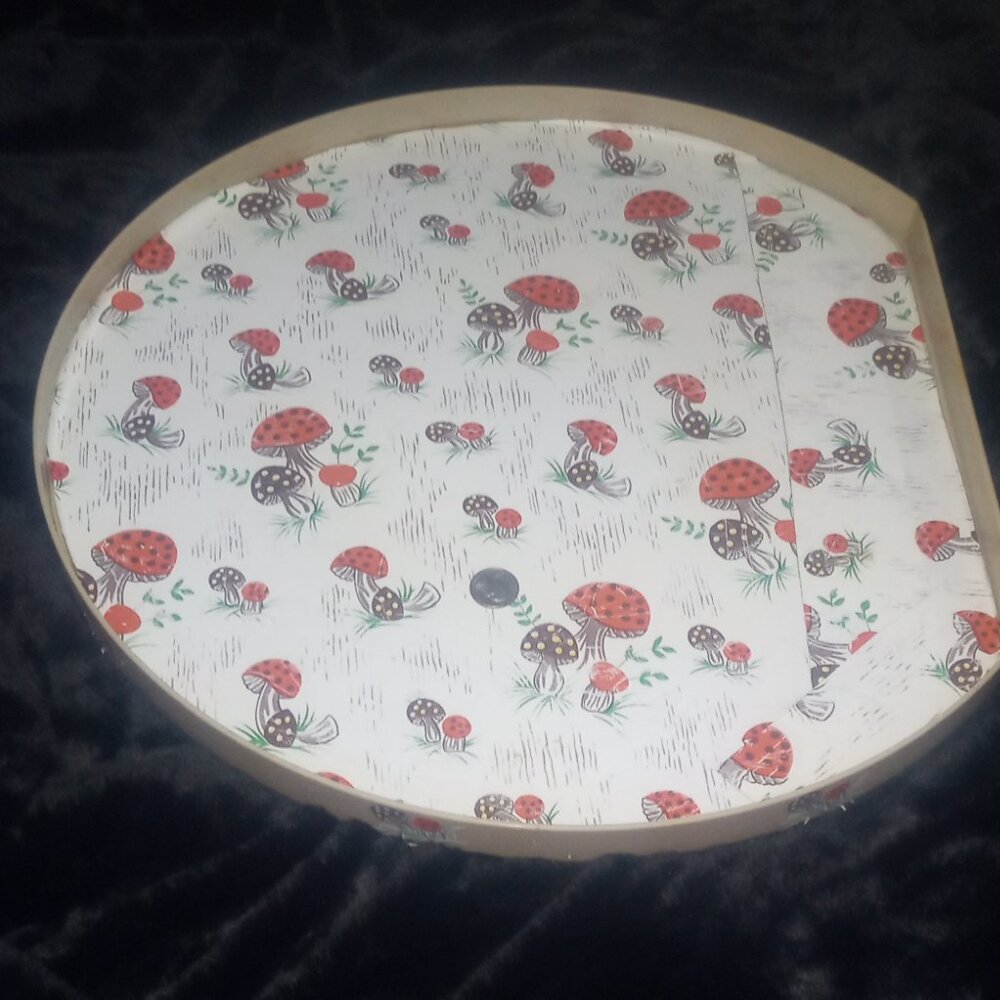 1970's Vintage Rubbermaid lazy Susan with merry mushroom contact paper on it